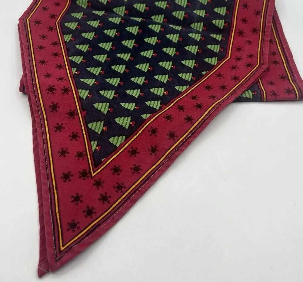 Vtg Christmas Tree Snowflake Table Runner Burgundy Navy Green 13x26 1990s Prop